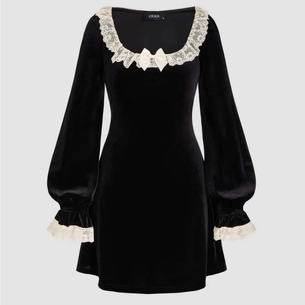Cider Black Velvet Dress with Lace Accents